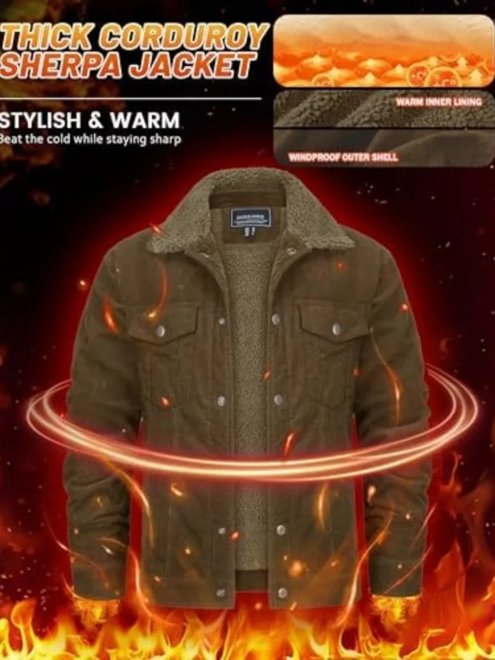 Men's Sherpa Lined Corduroy Jacket | Fleece Coat with 5 Pockets, Warm & Stylish
